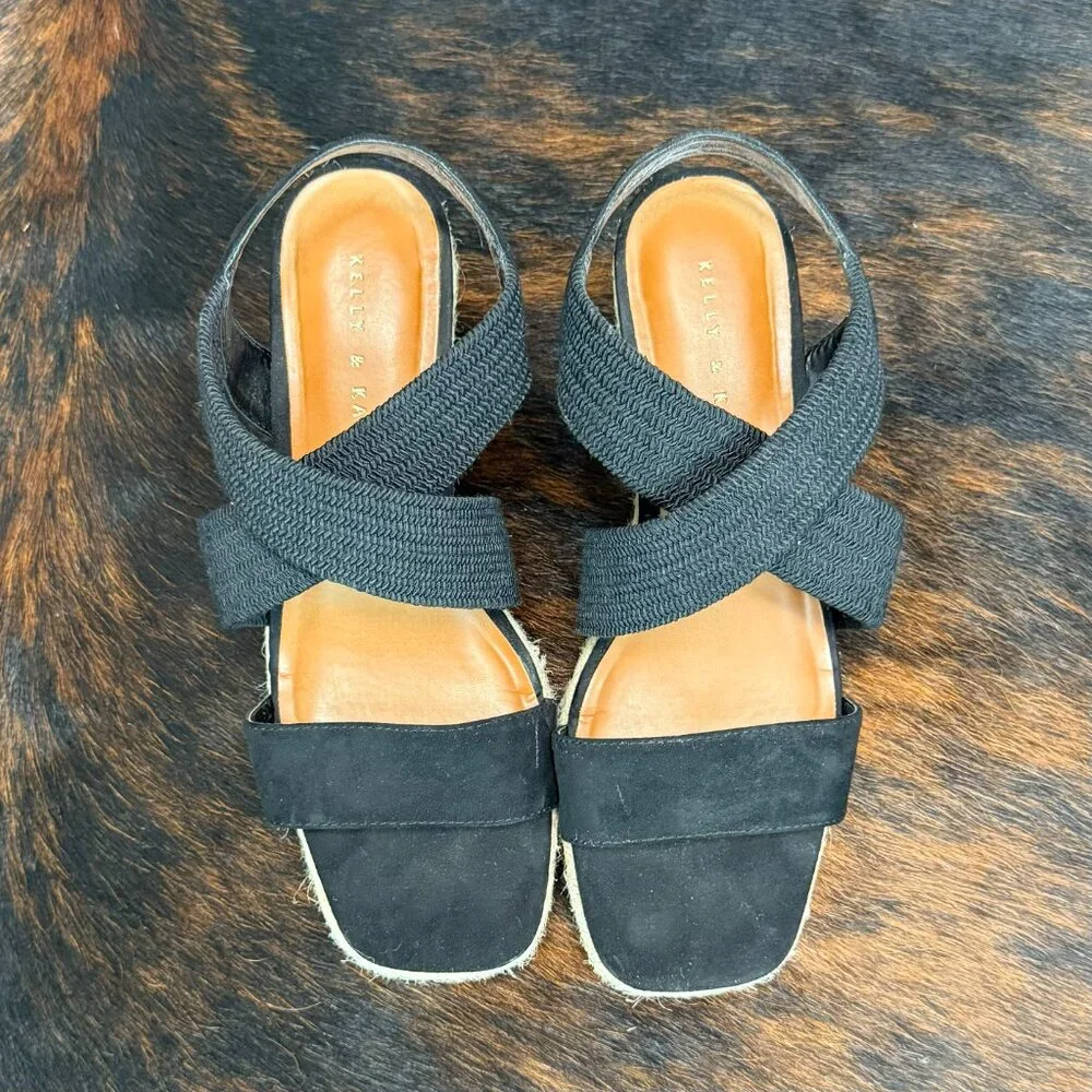 Kelly & Katie Women's Black Strappy‎ Slip On Raffia Platform Wedges, Size 9.5